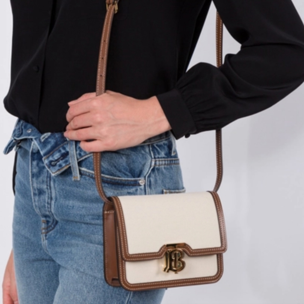 NWT$2150 Burberry TB Logo Two Tone Canvas Leather Crossbody Shoulder Bag